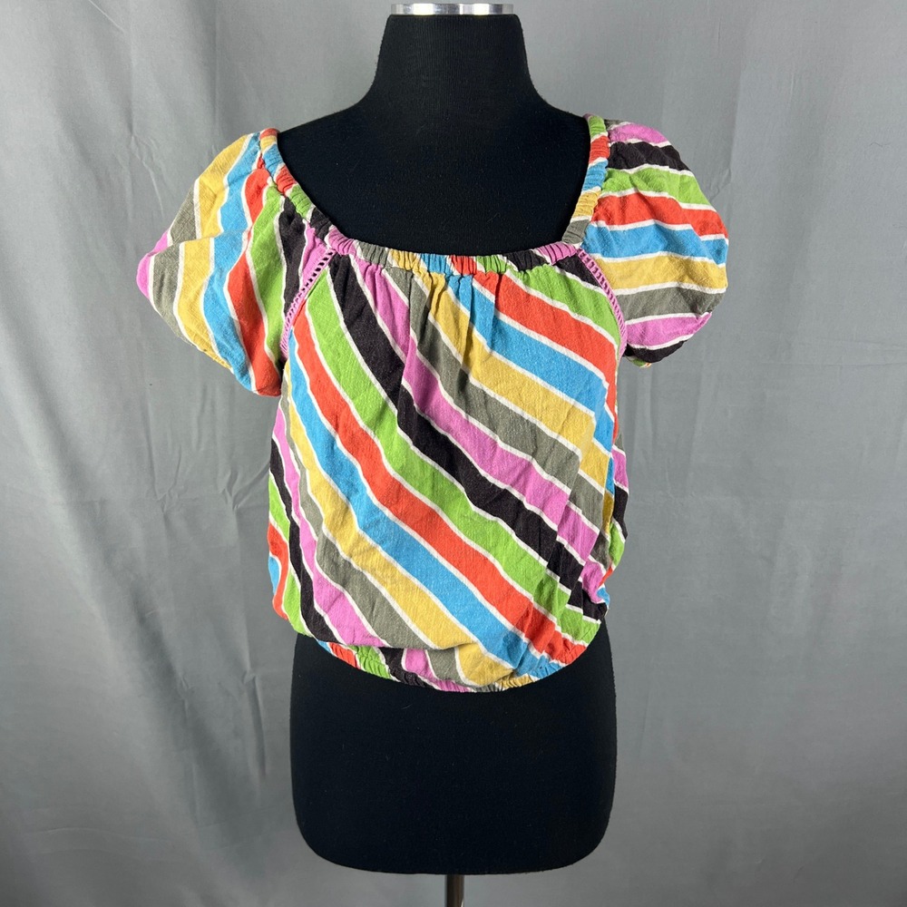 Charter Club Cropped Top Womens Small Multicolor Striped Square Neck Puff Sleeve